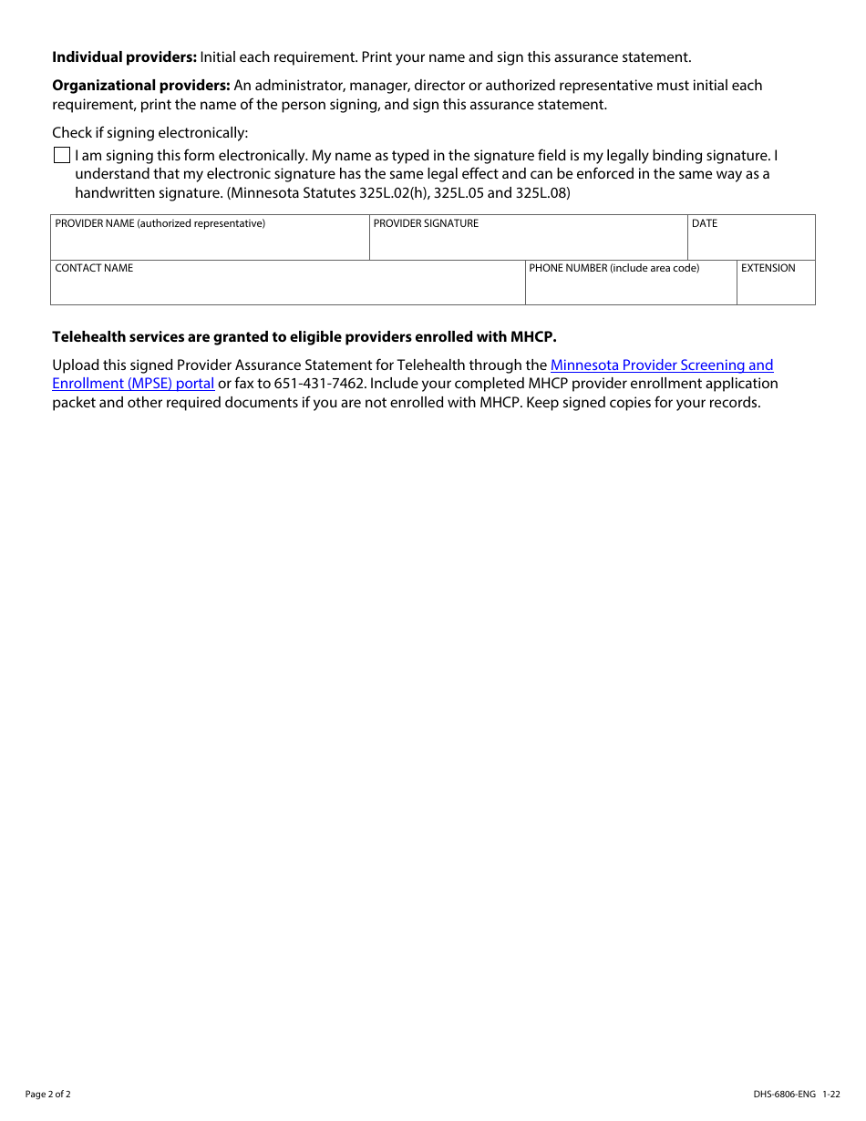 Form DHS-6806-ENG Telehealth Provider Assurance Statement - Minnesota Health Care Programs (Mhcp) - Minnesota, Page 2