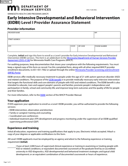 Form DHS-7120D-ENG Early Intensive Developmental and Behavioral Intervention (Eidbi) Level I Provider Assurance Statement - Minnesota Health Care Programs (Mhcp) - Minnesota