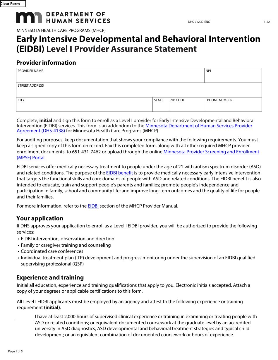 Form DHS-7120D-ENG Early Intensive Developmental and Behavioral Intervention (Eidbi) Level I Provider Assurance Statement - Minnesota Health Care Programs (Mhcp) - Minnesota, Page 1