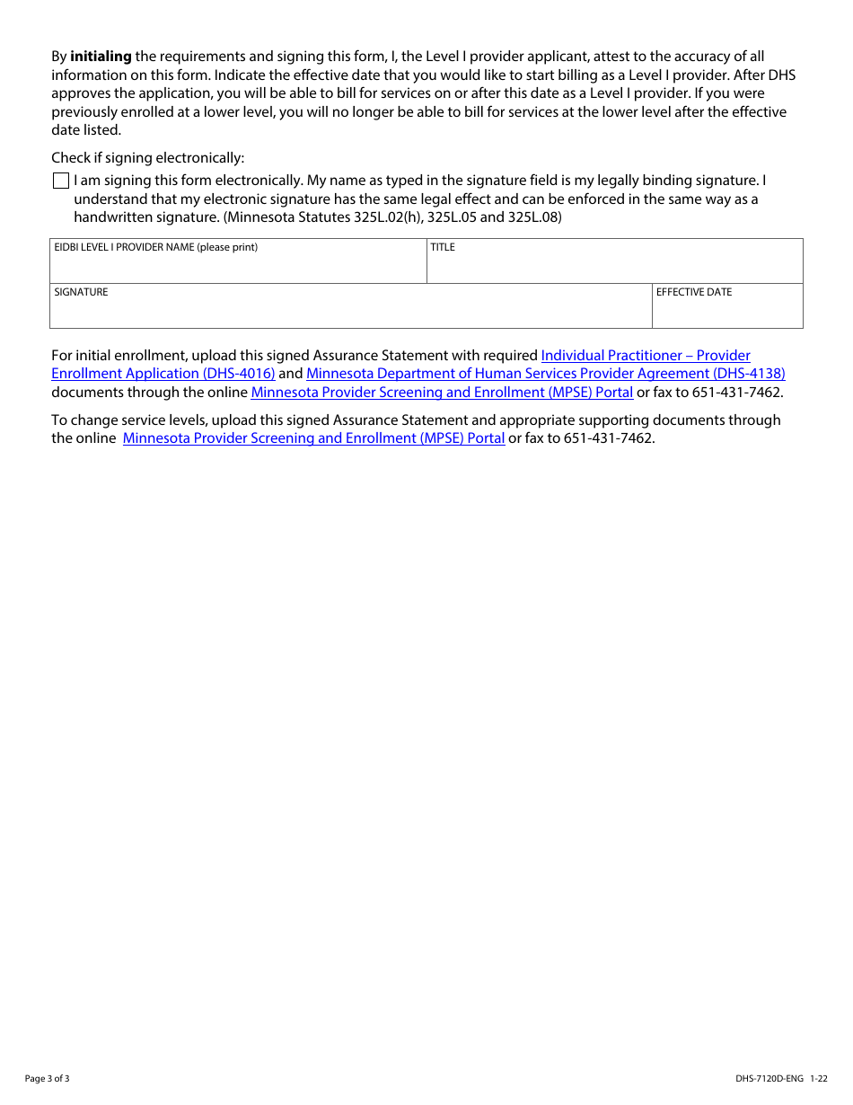 Form DHS-7120D-ENG Early Intensive Developmental and Behavioral Intervention (Eidbi) Level I Provider Assurance Statement - Minnesota Health Care Programs (Mhcp) - Minnesota, Page 3
