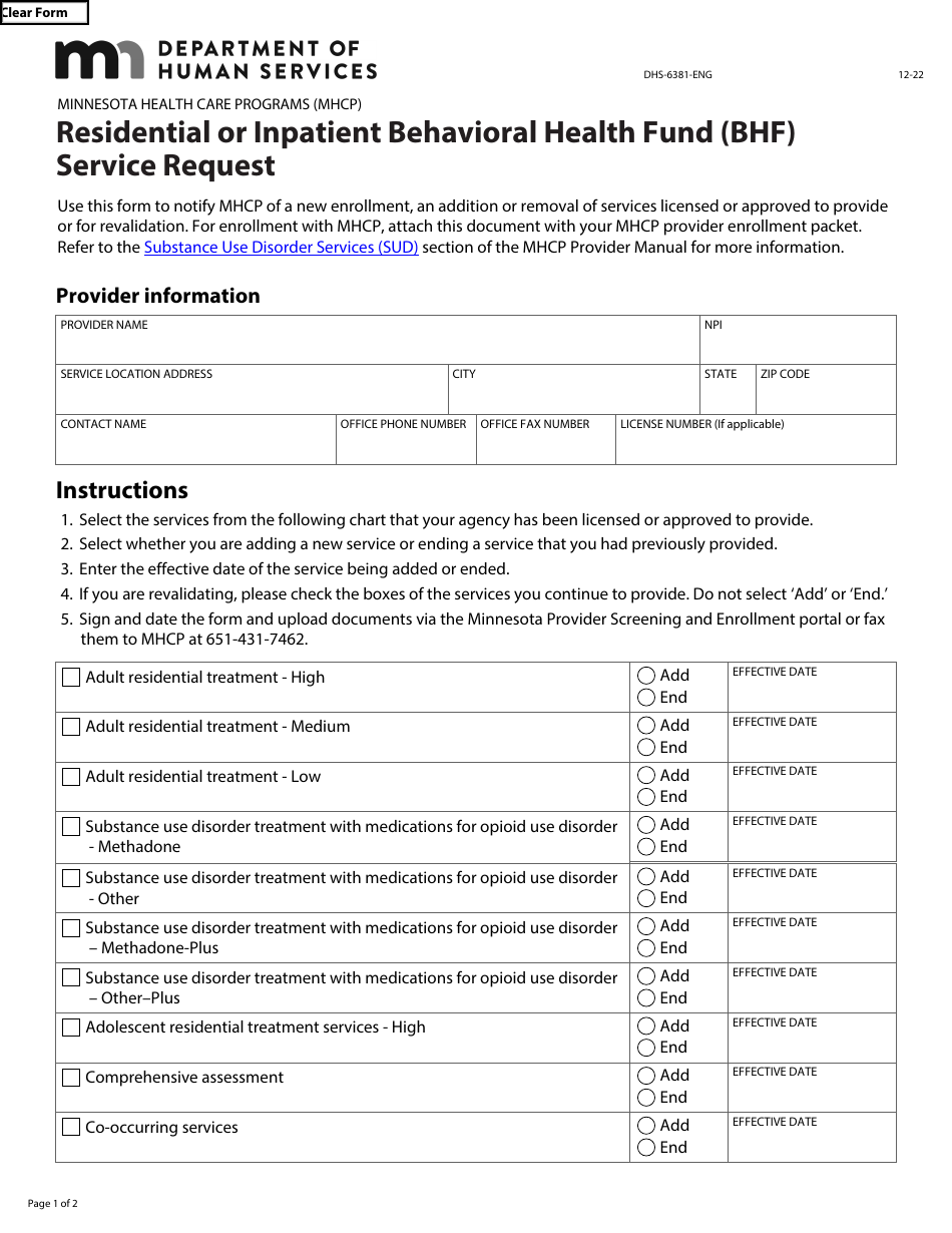 Form DHS-6381-ENG Residential or Inpatient Behavioral Health Fund (Bhf) Service Request - Minnesota Health Care Programs (Mhcp) - Minnesota, Page 1