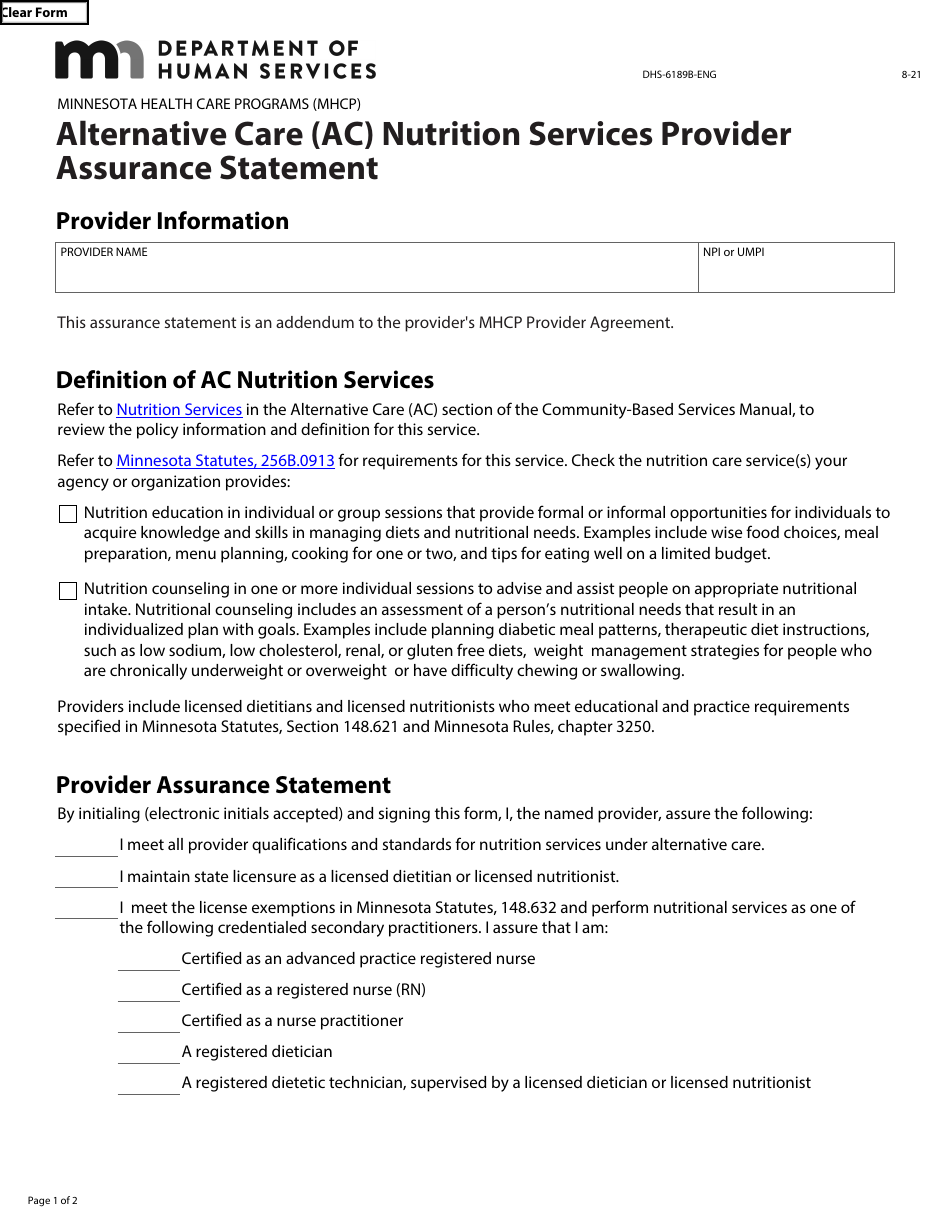Form DHS-6189B-ENG Alternative Care (Ac) Nutrition Services Provider Assurance Statement - Minnesota Health Care Programs (Mhcp) - Minnesota, Page 1