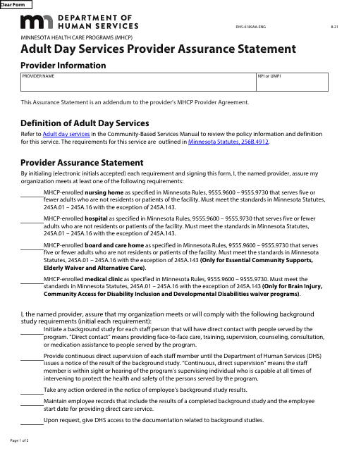 Form DHS-6189AA-ENG Adult Day Services Provider Assurance Statement - Minnesota Health Care Programs (Mhcp) - Minnesota