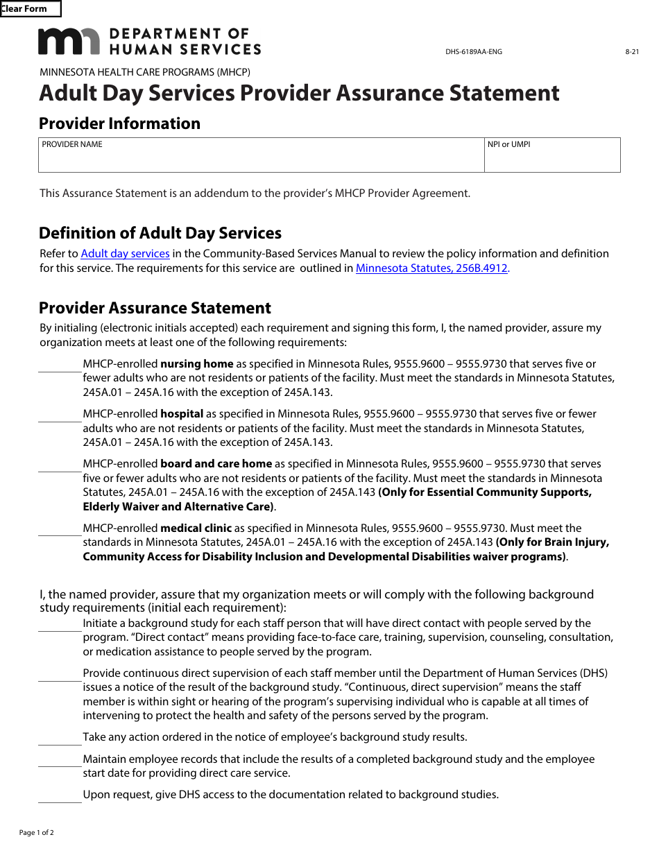 Form DHS-6189AA-ENG Adult Day Services Provider Assurance Statement - Minnesota Health Care Programs (Mhcp) - Minnesota, Page 1