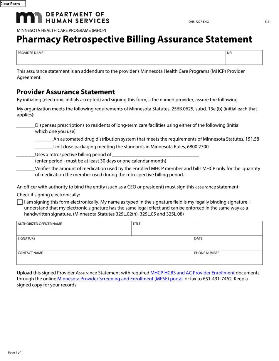 Form DHS-7227-ENG Pharmacy Retrospective Billing Assurance Statement - Minnesota Health Care Programs (Mhcp) - Minnesota, Page 1