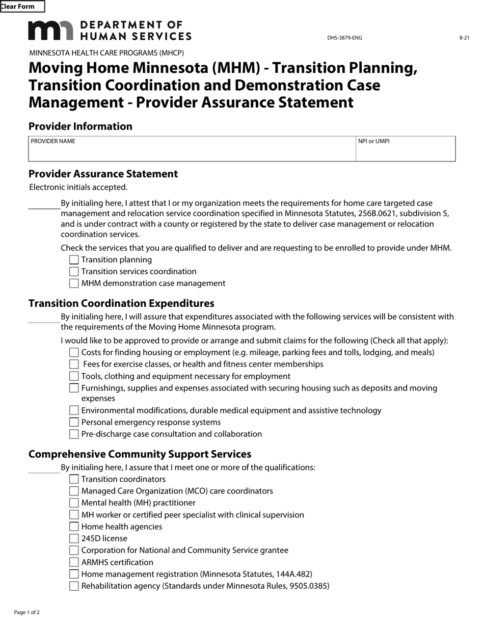 Form DHS-3879-ENG Moving Home Minnesota (Mhm) - Transition Planning, Transition Coordination and Demonstration Case Management - Provider Assurance Statement - Minnesota Health Care Programs (Mhcp) - Minnesota, Page 1