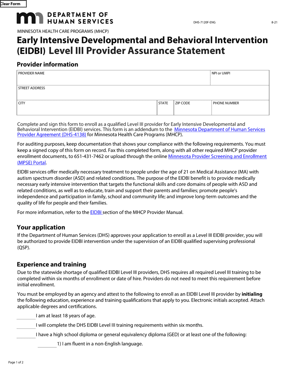 Form DHS-7120F-ENG Early Intensive Developmental and Behavioral Intervention (Eidbi) Level Iii Provider Assurance Statement - Minnesota Health Care Programs (Mhcp) - Minnesota, Page 1