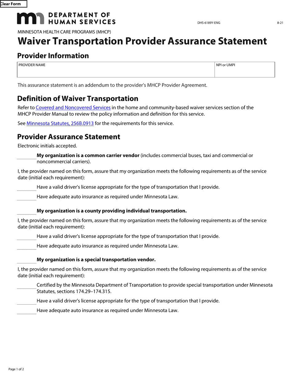 Form DHS-6189Y-ENG Waiver Transportation Provider Assurance Statement - Minnesota Health Care Programs (Mhcp) - Minnesota, Page 1