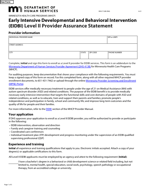 Form DHS-7120E-ENG Early Intensive Developmental and Behavioral Intervention (Eidbi) Level II Provider Assurance Statement - Minnesota Health Care Programs (Mhcp) - Minnesota