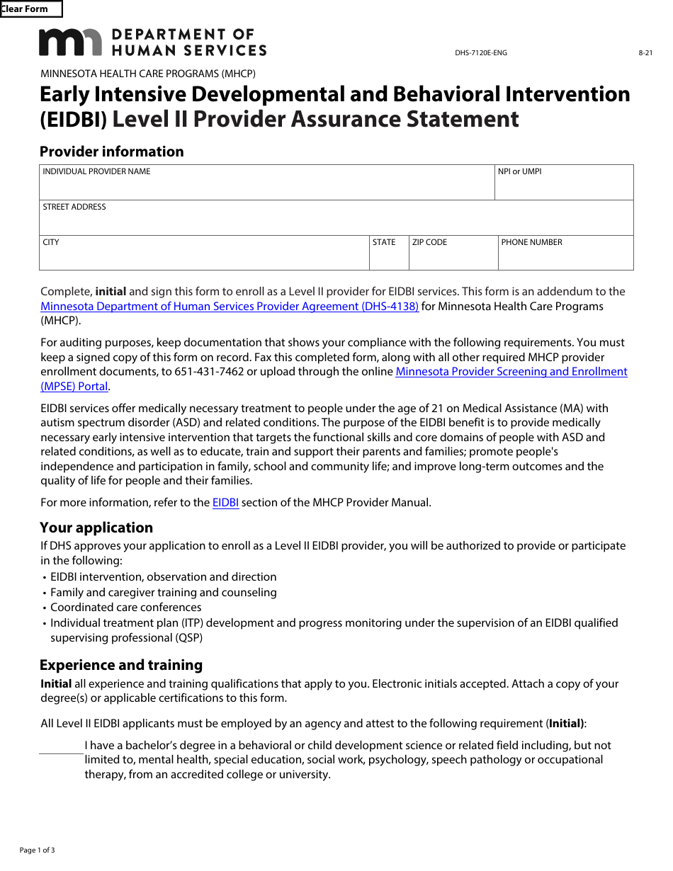 Form DHS-7120E-ENG Early Intensive Developmental and Behavioral Intervention (Eidbi) Level II Provider Assurance Statement - Minnesota Health Care Programs (Mhcp) - Minnesota, Page 1