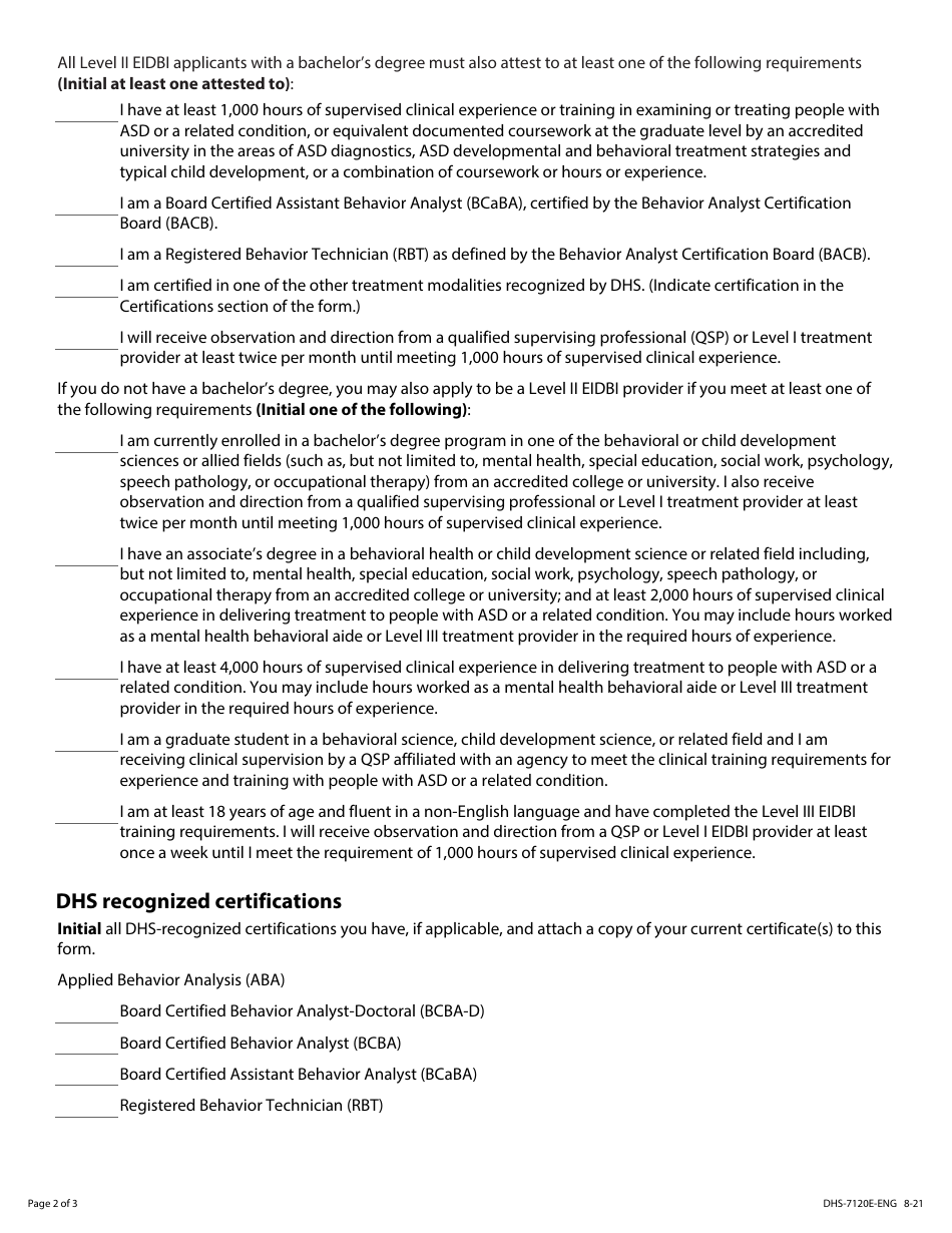 Form DHS-7120E-ENG Early Intensive Developmental and Behavioral Intervention (Eidbi) Level II Provider Assurance Statement - Minnesota Health Care Programs (Mhcp) - Minnesota, Page 2