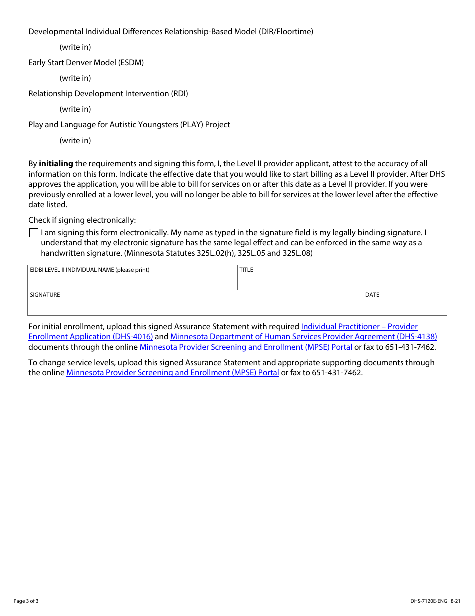 Form DHS-7120E-ENG Early Intensive Developmental and Behavioral Intervention (Eidbi) Level II Provider Assurance Statement - Minnesota Health Care Programs (Mhcp) - Minnesota, Page 3