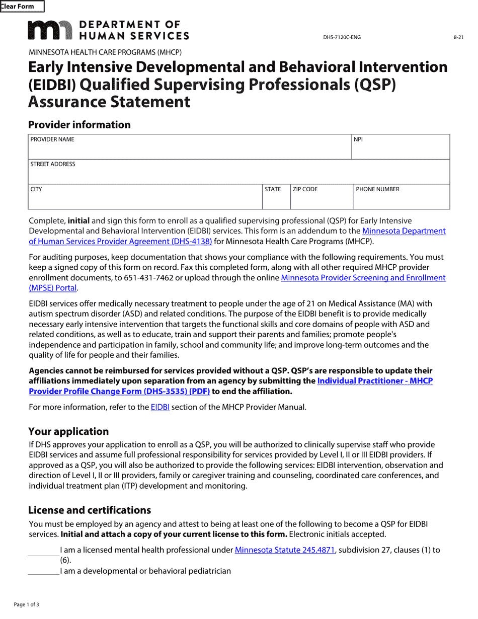 Form DHS-7120C-ENG Early Intensive Developmental and Behavioral Intervention (Eidbi) Qualified Supervising Professionals (Qsp) Assurance Statement - Minnesota Health Care Programs (Mhcp) - Minnesota, Page 1