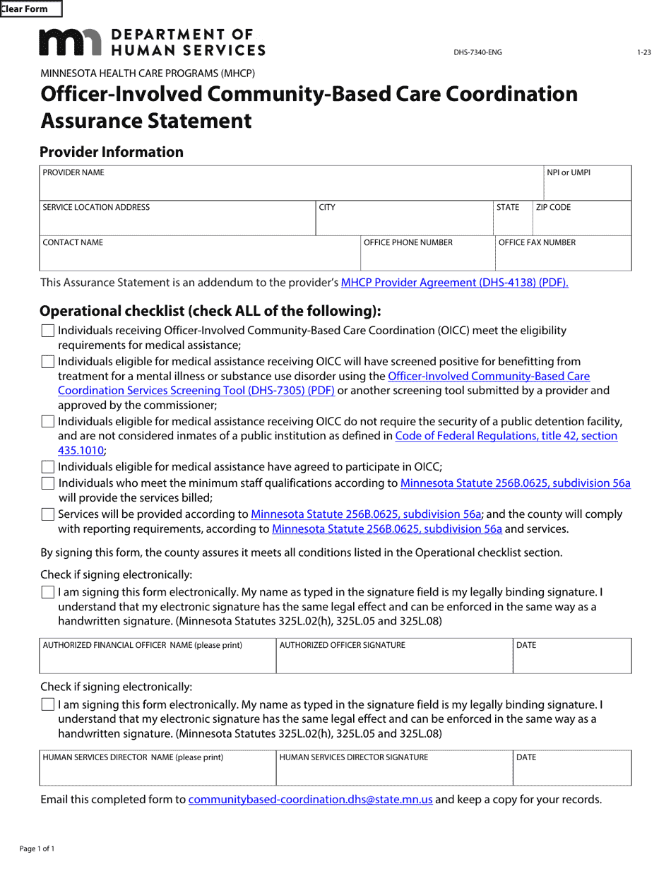 Form DHS-7340-ENG Officer-Involved Community-Based Care Coordination Assurance Statement - Minnesota Health Care Programs (Mhcp) - Minnesota, Page 1