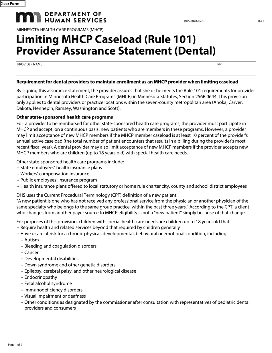 Form DHS-5078-ENG Limiting Mhcp Caseload (Rule 101) Provider Assurance Statement (Dental) - Minnesota Health Care Programs (Mhcp) - Minnesota, Page 1