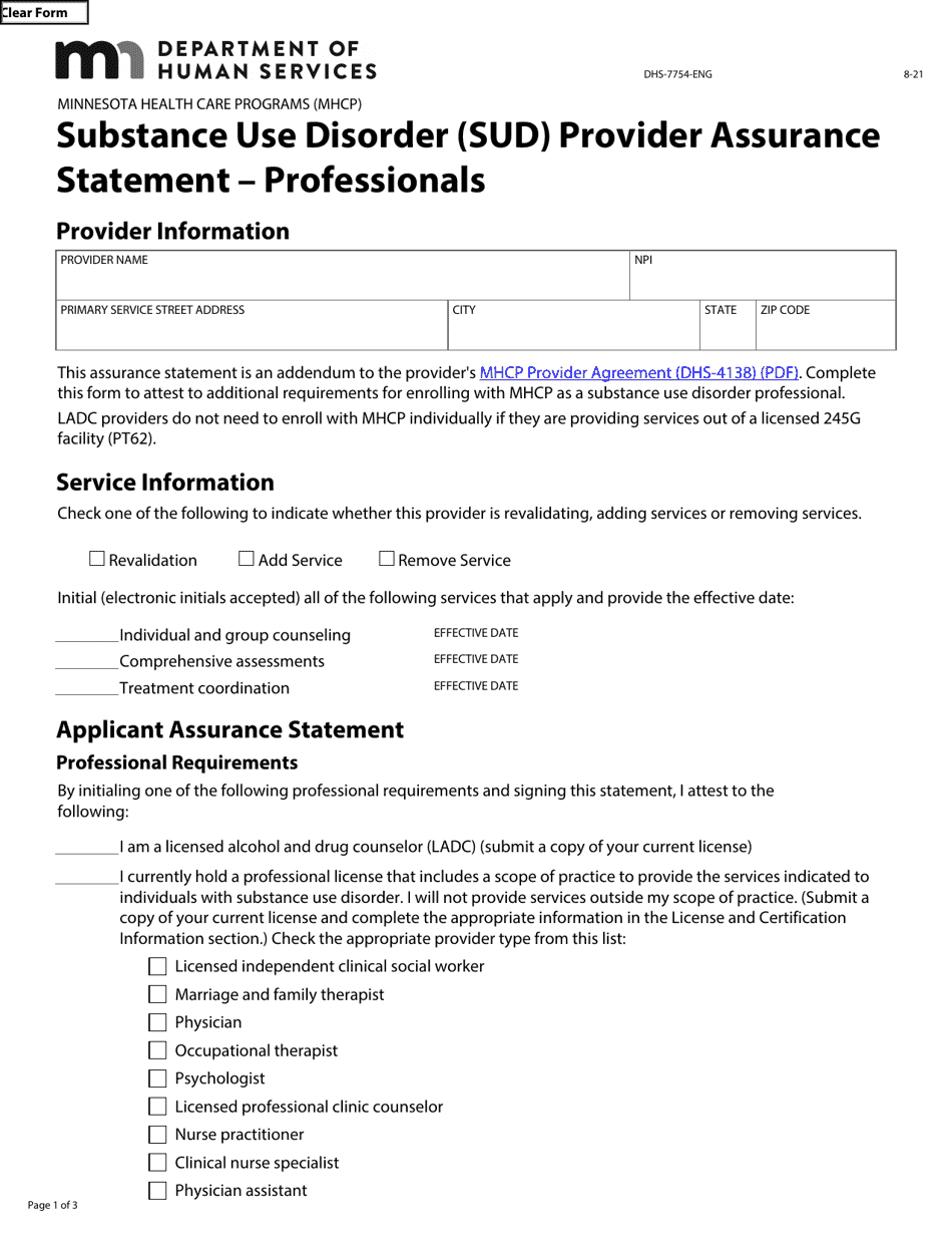 Form DHS-7754-ENG Substance Use Disorder (Sud) Provider Assurance Statement - Professionals - Minnesota Health Care Programs (Mhcp) - Minnesota, Page 1