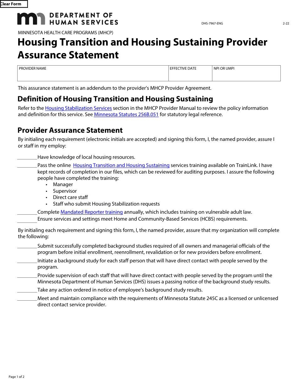 Form DHS-7967-ENG Housing Transition and Housing Sustaining Provider Assurance Statement - Minnesota Health Care Programs (Mhcp) - Minnesota, Page 1