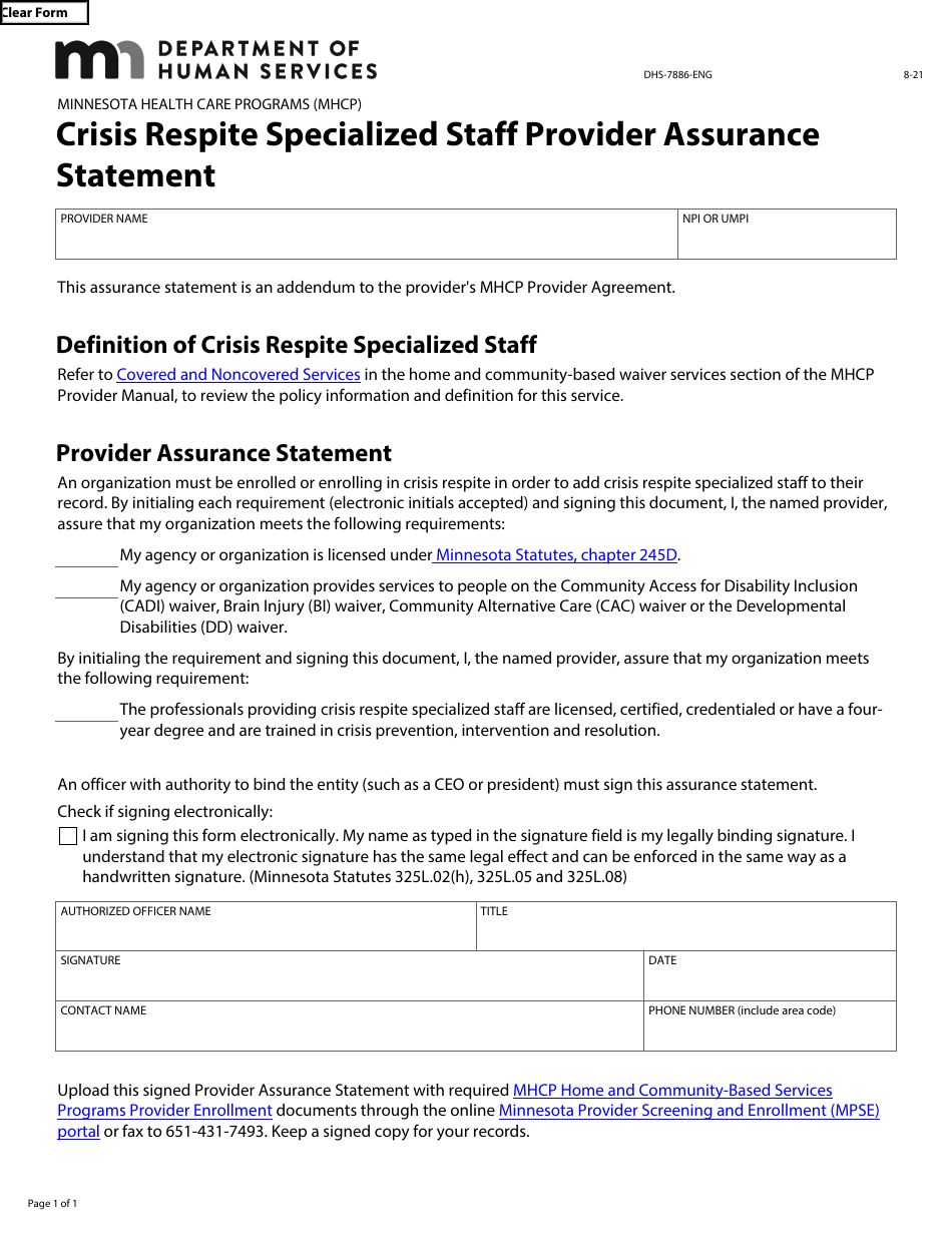 Form DHS-7886-ENG Crisis Respite Specialized Staff Provider Assurance Statement - Minnesota Health Care Programs (Mhcp) - Minnesota, Page 1