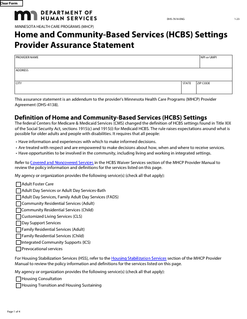 Form DHS-7618-ENG Home and Community-Based Services (Hcbs) Settings Provider Assurance Statement - Minnesota Health Care Programs (Mhcp) - Minnesota