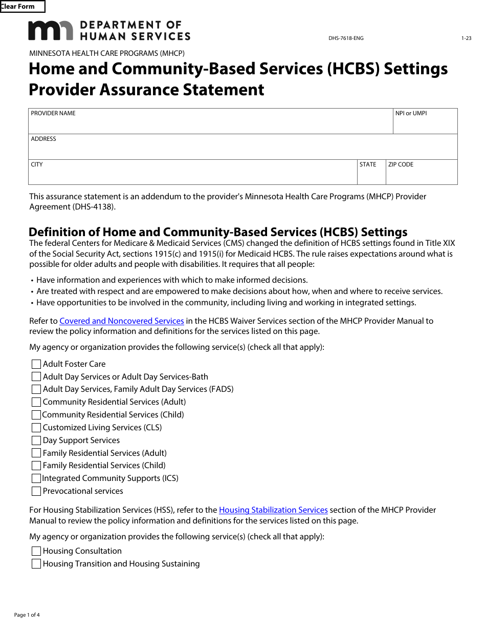Form DHS-7618-ENG Home and Community-Based Services (Hcbs) Settings Provider Assurance Statement - Minnesota Health Care Programs (Mhcp) - Minnesota, Page 1