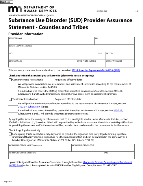 Form DHS-7820-ENG Substance Use Disorder (Sud) Provider Assurance Statement - Counties and Tribes - Minnesota Health Care Programs (Mhcp) - Minnesota