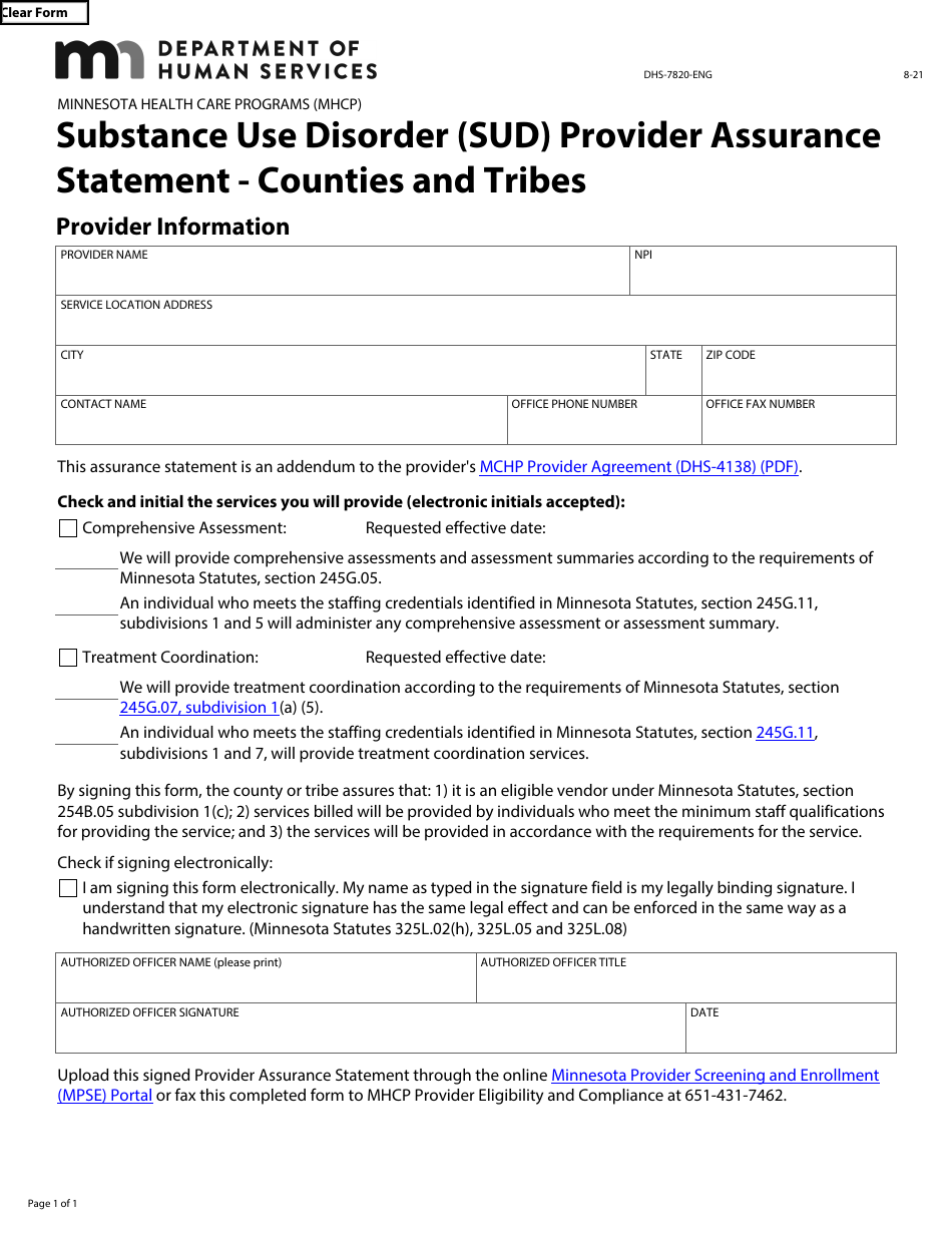 Form DHS-7820-ENG Substance Use Disorder (Sud) Provider Assurance Statement - Counties and Tribes - Minnesota Health Care Programs (Mhcp) - Minnesota, Page 1