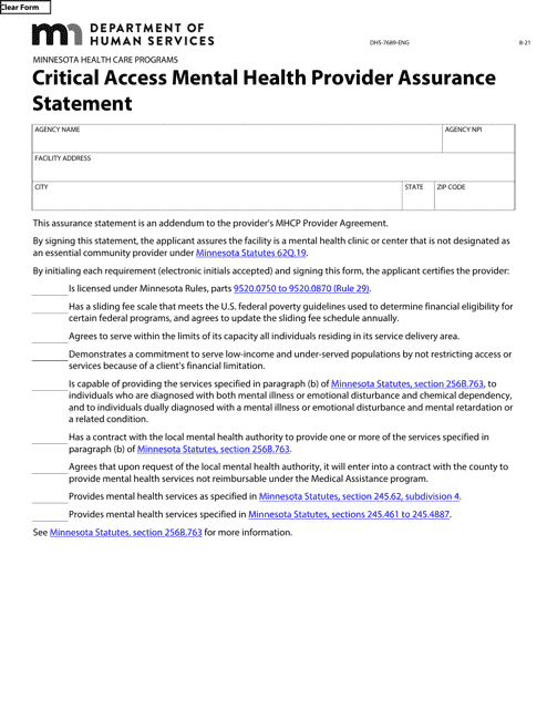 Form DHS-7689-ENG Critical Access Mental Health Provider Assurance Statement - Minnesota Health Care Programs - Minnesota
