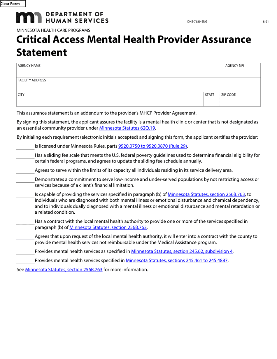 Form DHS-7689-ENG Critical Access Mental Health Provider Assurance Statement - Minnesota Health Care Programs - Minnesota, Page 1