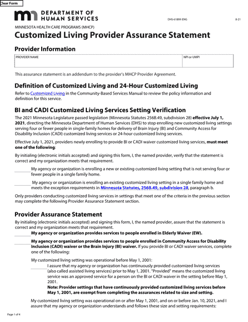Form DHS-6189X-ENG Customized Living Provider Assurance Statement - Minnesota Health Care Programs (Mhcp) - Minnesota