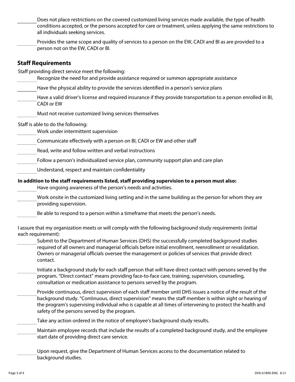 Form DHS-6189X-ENG Customized Living Provider Assurance Statement - Minnesota Health Care Programs (Mhcp) - Minnesota, Page 3