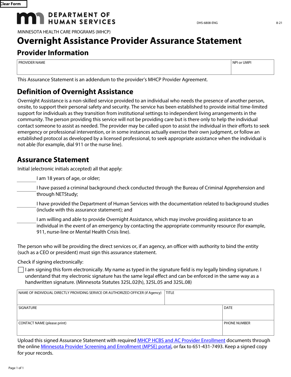 Form DHS-6808-ENG Overnight Assistance Provider Assurance Statement - Minnesota Health Care Programs (Mhcp) - Minnesota, Page 1