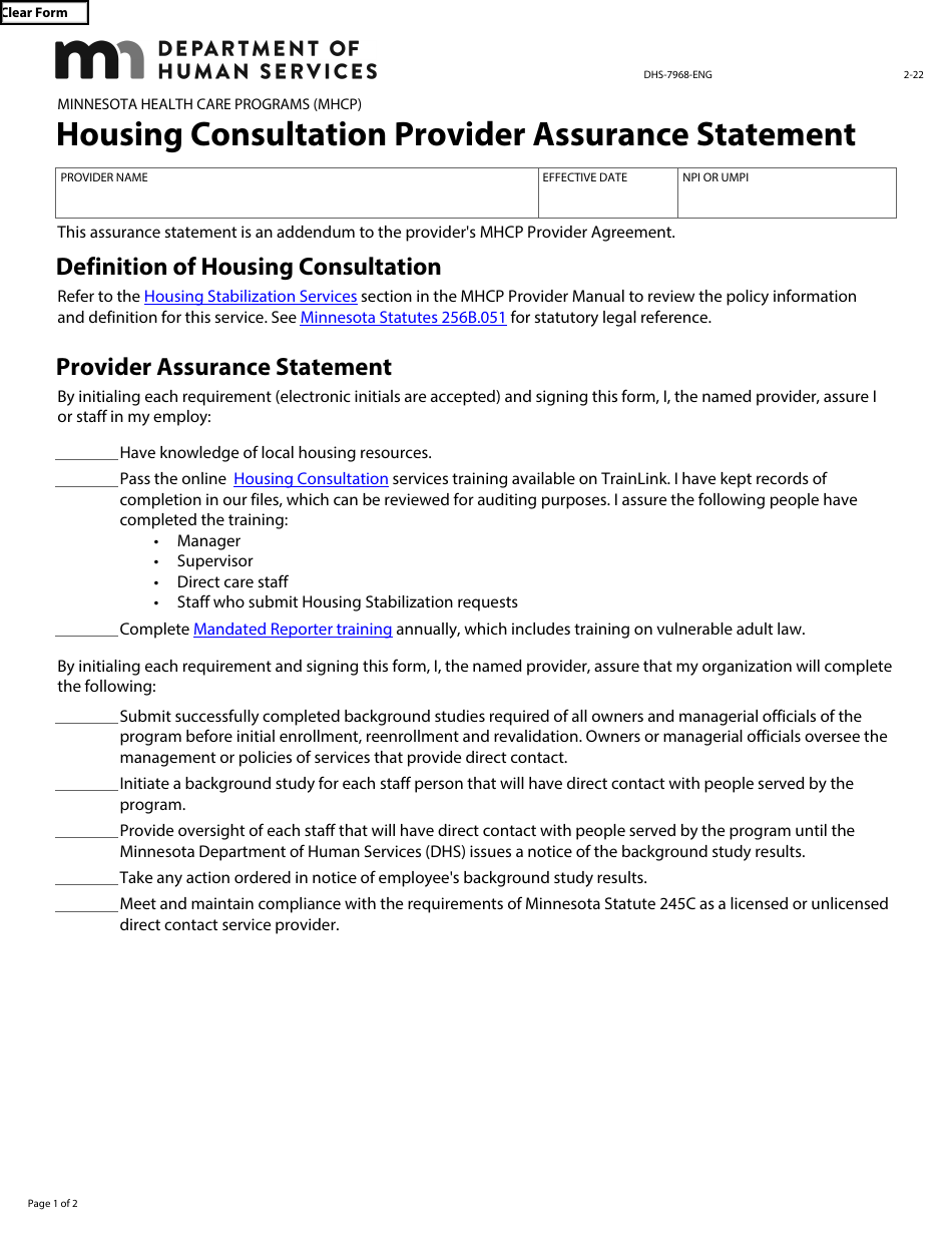 Form DHS-7968-ENG Housing Consultation Provider Assurance Statement - Minnesota Health Care Programs (Mhcp) - Minnesota, Page 1