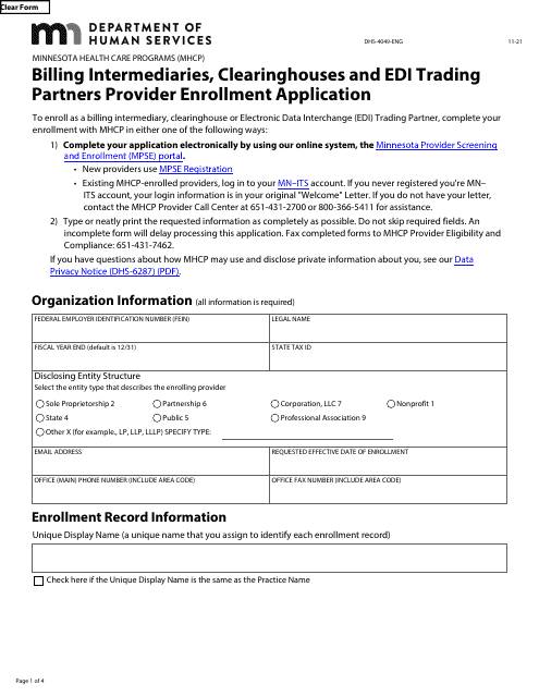 Form DHS-4049-ENG Billing Intermediaries, Clearinghouses and Edi Trading Partners Provider Enrollment Application - Minnesota Health Care Programs (Mhcp) - Minnesota