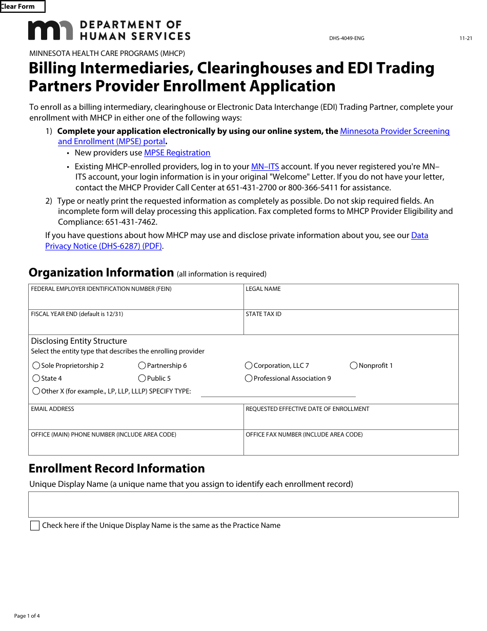 Form DHS-4049-ENG Billing Intermediaries, Clearinghouses and Edi Trading Partners Provider Enrollment Application - Minnesota Health Care Programs (Mhcp) - Minnesota, Page 1