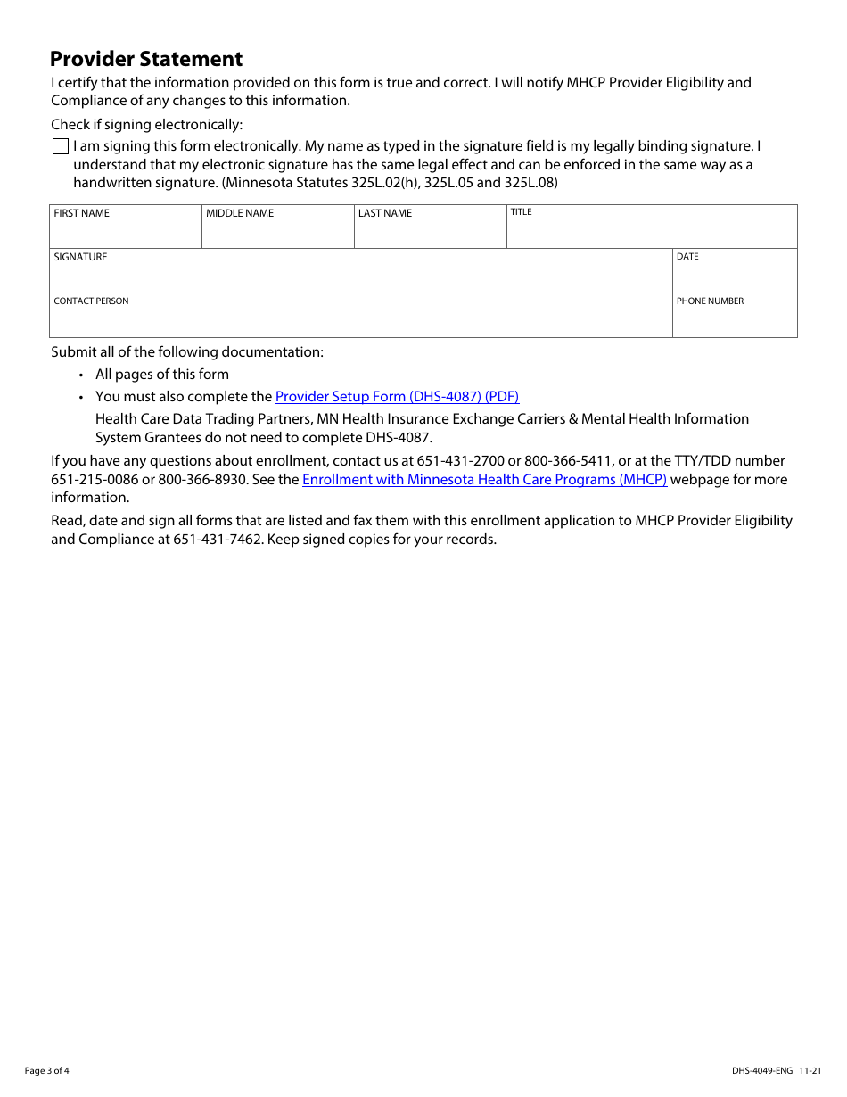 Form DHS-4049-ENG Billing Intermediaries, Clearinghouses and Edi Trading Partners Provider Enrollment Application - Minnesota Health Care Programs (Mhcp) - Minnesota, Page 3