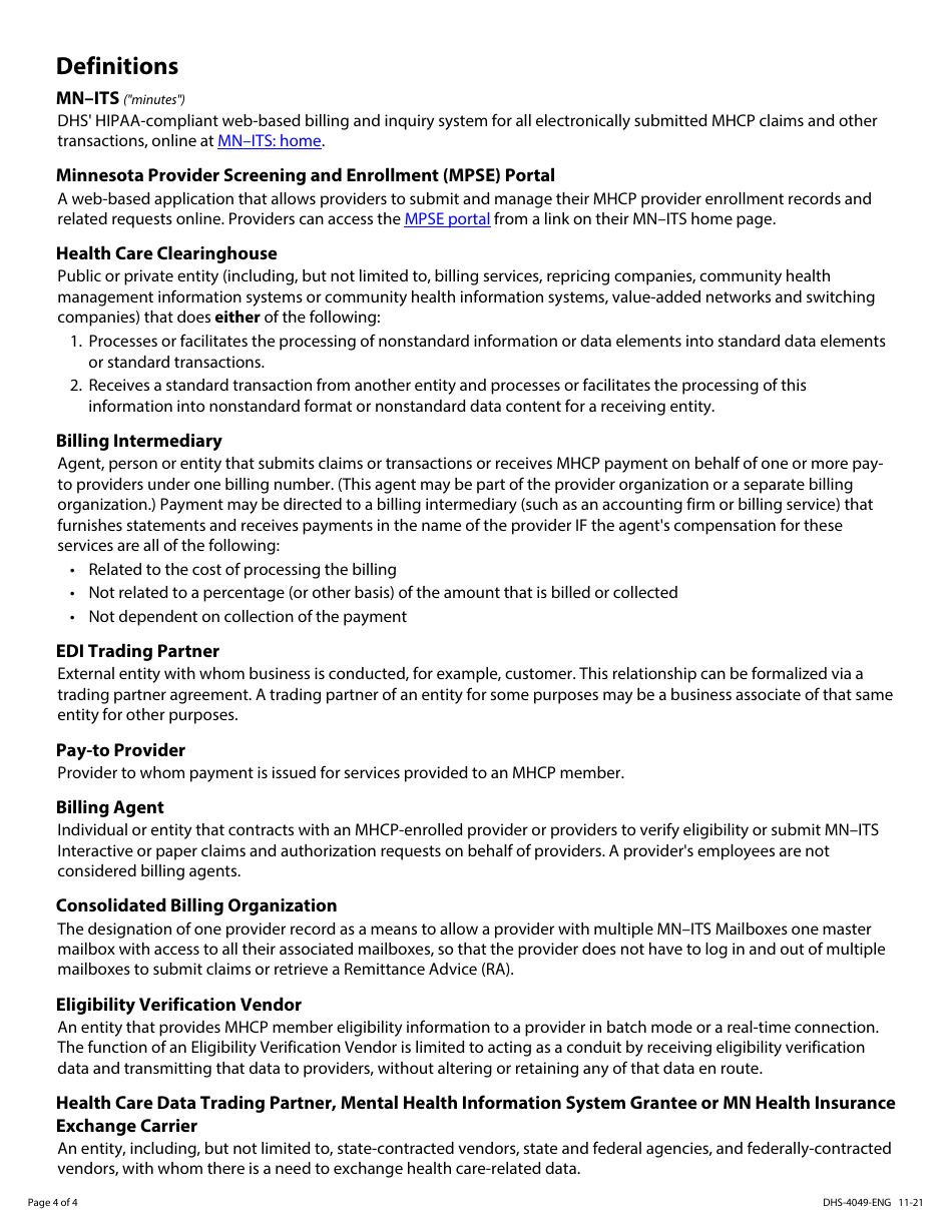 Form DHS-4049-ENG Billing Intermediaries, Clearinghouses and Edi Trading Partners Provider Enrollment Application - Minnesota Health Care Programs (Mhcp) - Minnesota, Page 4