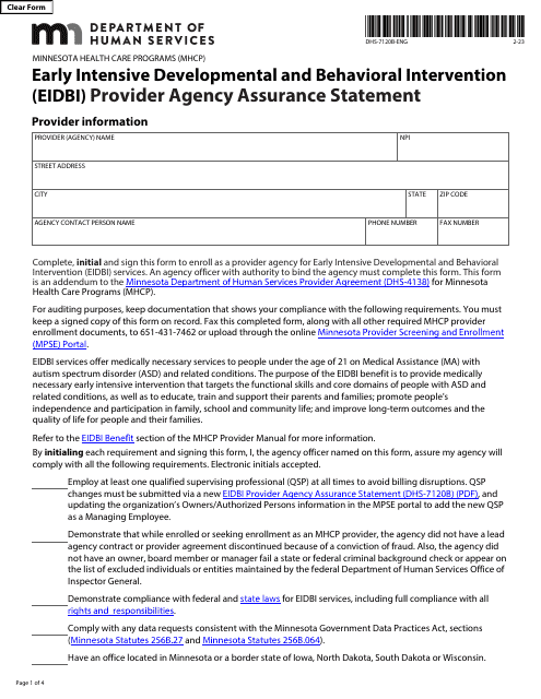 Form DHS-7120B-ENG Early Intensive Developmental and Behavioral Intervention (Eidbi) Provider Agency Assurance Statement - Minnesota Health Care Programs (Mhcp) - Minnesota