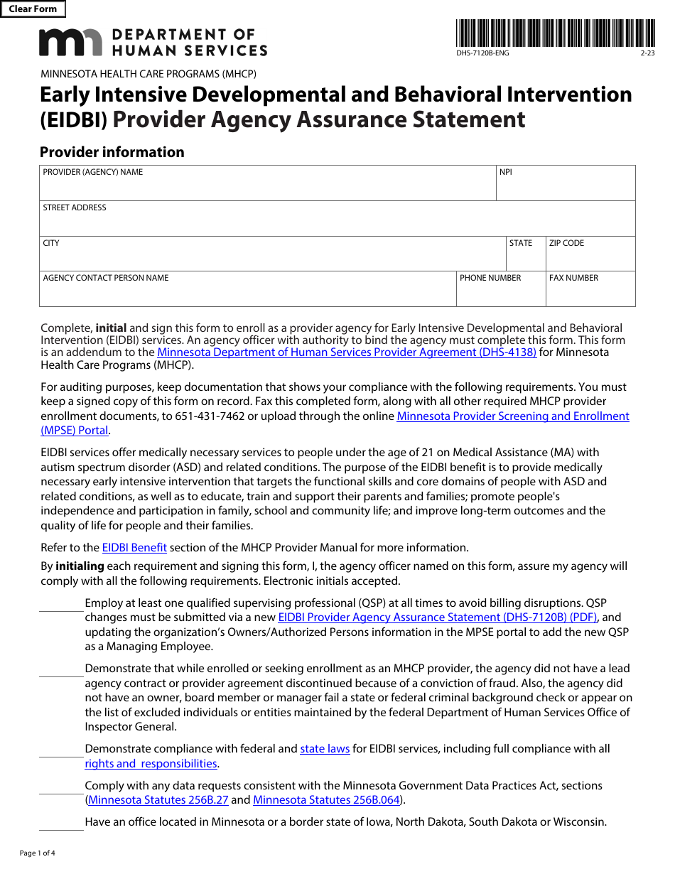 Form DHS-7120B-ENG Early Intensive Developmental and Behavioral Intervention (Eidbi) Provider Agency Assurance Statement - Minnesota Health Care Programs (Mhcp) - Minnesota, Page 1
