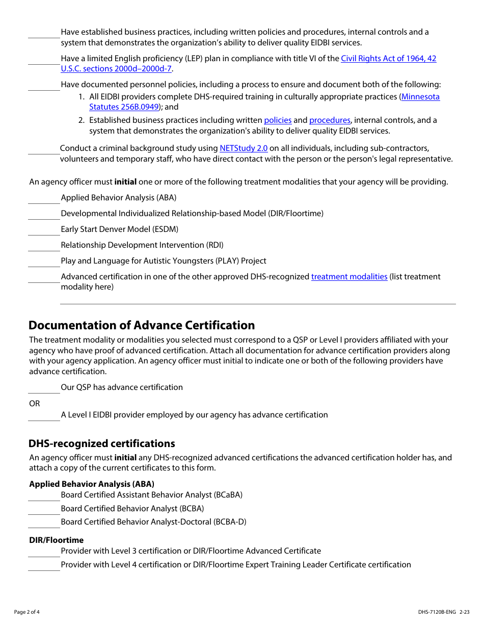 Form DHS-7120B-ENG Early Intensive Developmental and Behavioral Intervention (Eidbi) Provider Agency Assurance Statement - Minnesota Health Care Programs (Mhcp) - Minnesota, Page 2