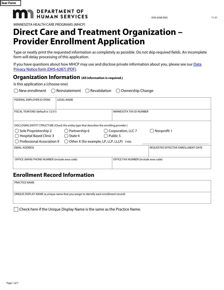 Form DHS-6368-ENG Direct Care and Treatment Organization - Provider Enrollment Application - Minnesota Health Care Programs (Mhcp) - Minnesota, Page 1