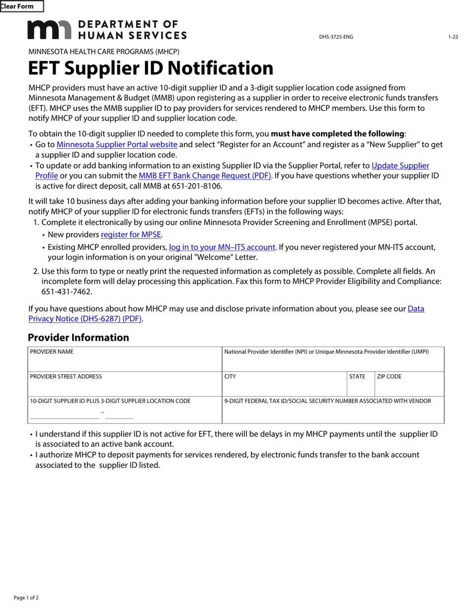 Form DHS-3725-ENG Eft Supplier Id Notification - Minnesota Health Care Programs (Mhcp) - Minnesota, Page 1