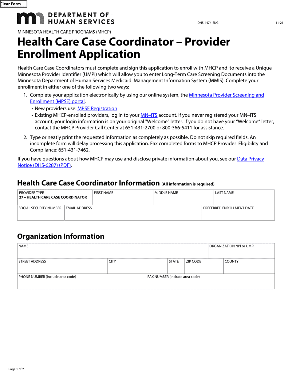 Form DHS-4474-ENG Health Care Case Coordinator - Provider Enrollment Application - Minnesota Health Care Programs (Mhcp) - Minnesota, Page 1