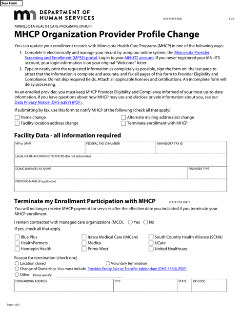 Form DHS-3535A-ENG Mhcp Organization Provider Profile Change - Minnesota Health Care Programs (Mhcp) - Minnesota