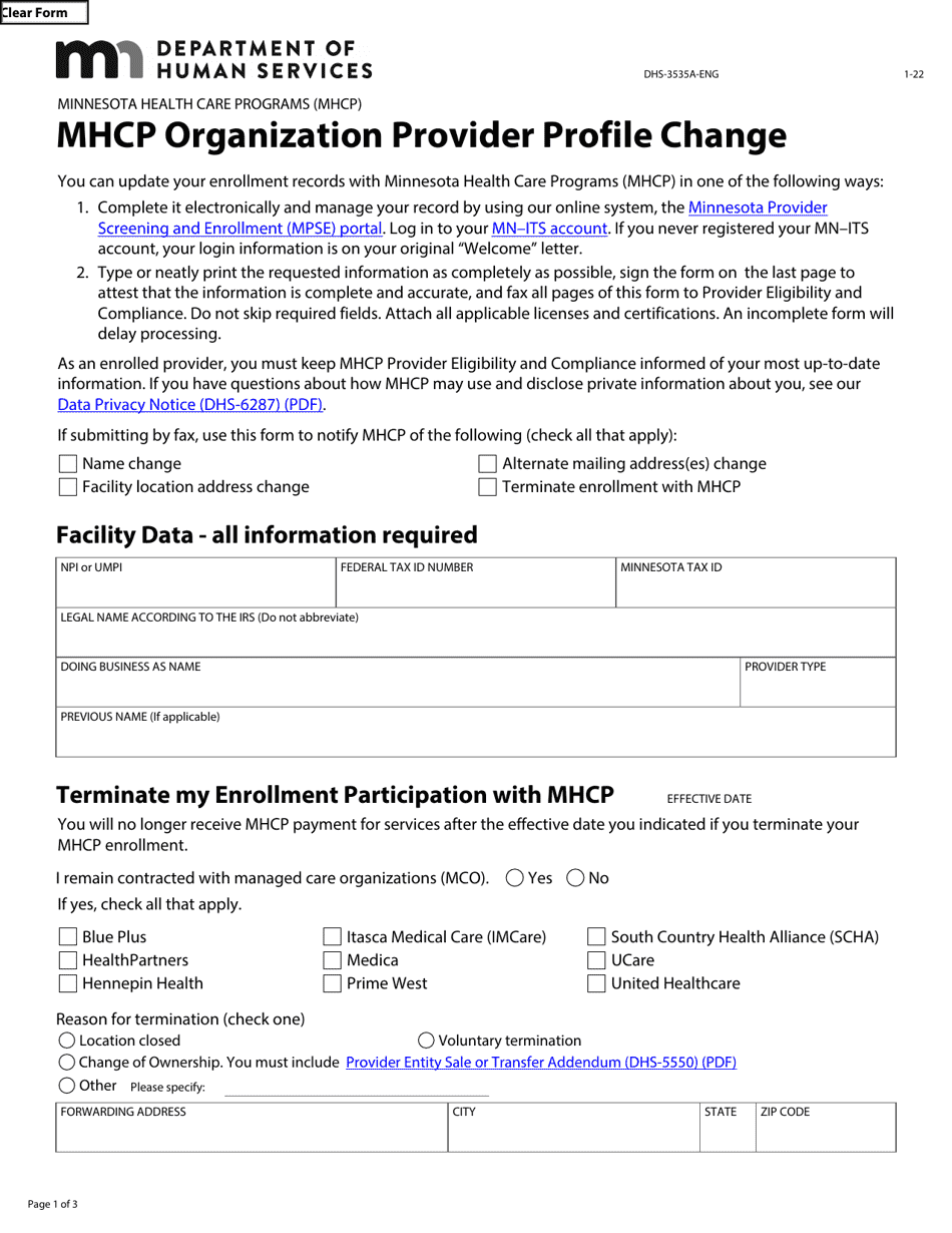 Form DHS-3535A-ENG Mhcp Organization Provider Profile Change - Minnesota Health Care Programs (Mhcp) - Minnesota, Page 1