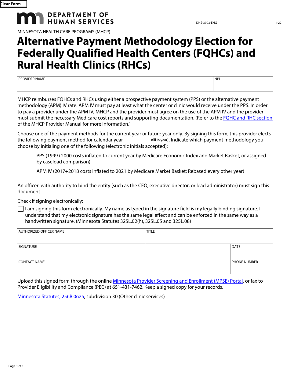 Form DHS-3903-ENG Alternative Payment Methodology Election for Federally Qualified Health Centers (Fqhcs) and Rural Health Clinics (Rhcs) - Minnesota Health Care Programs (Mhcp) - Minnesota, Page 1