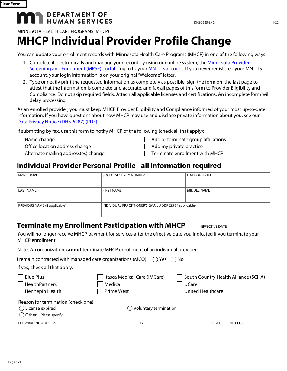Form DHS-3535-ENG Mhcp Individual Provider Profile Change - Minnesota Health Care Programs (Mhcp) - Minnesota, Page 1