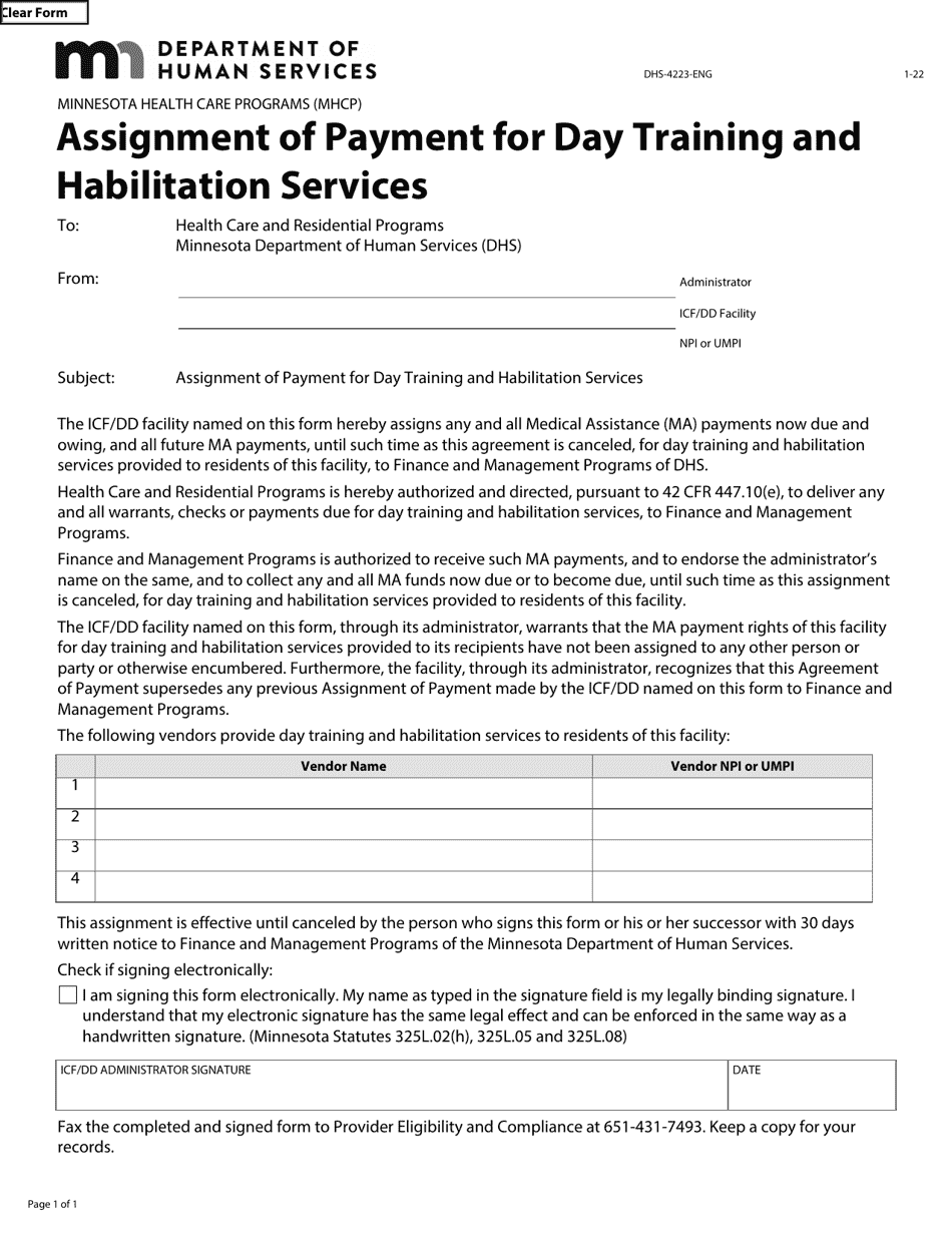 Form DHS-4223-ENG Assignment of Payment for Day Training and Habilitation Services - Minnesota Health Care Programs (Mhcp) - Minnesota, Page 1