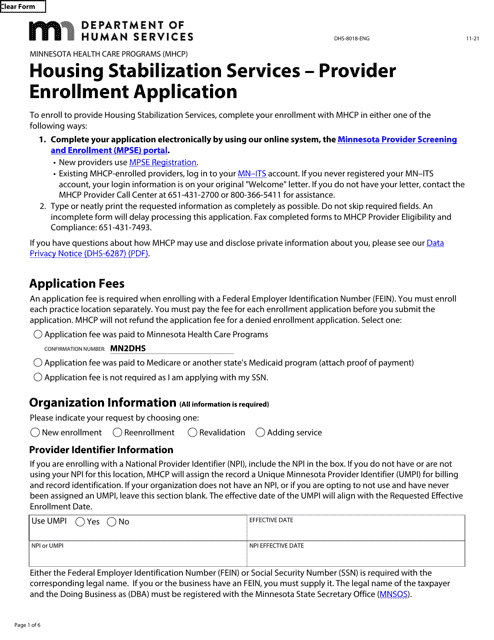 Form DHS-8018-ENG Housing Stabilization Services - Provider Enrollment Application - Minnesota Health Care Programs (Mhcp) - Minnesota