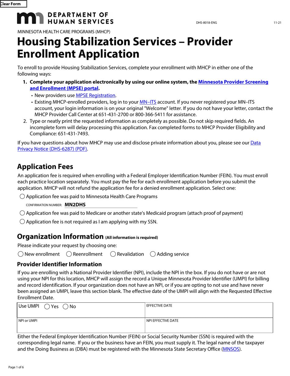 Form DHS-8018-ENG Housing Stabilization Services - Provider Enrollment Application - Minnesota Health Care Programs (Mhcp) - Minnesota, Page 1