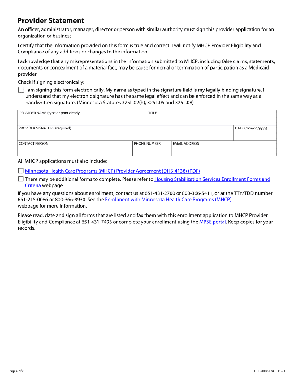 Form DHS-8018-ENG Housing Stabilization Services - Provider Enrollment Application - Minnesota Health Care Programs (Mhcp) - Minnesota, Page 6